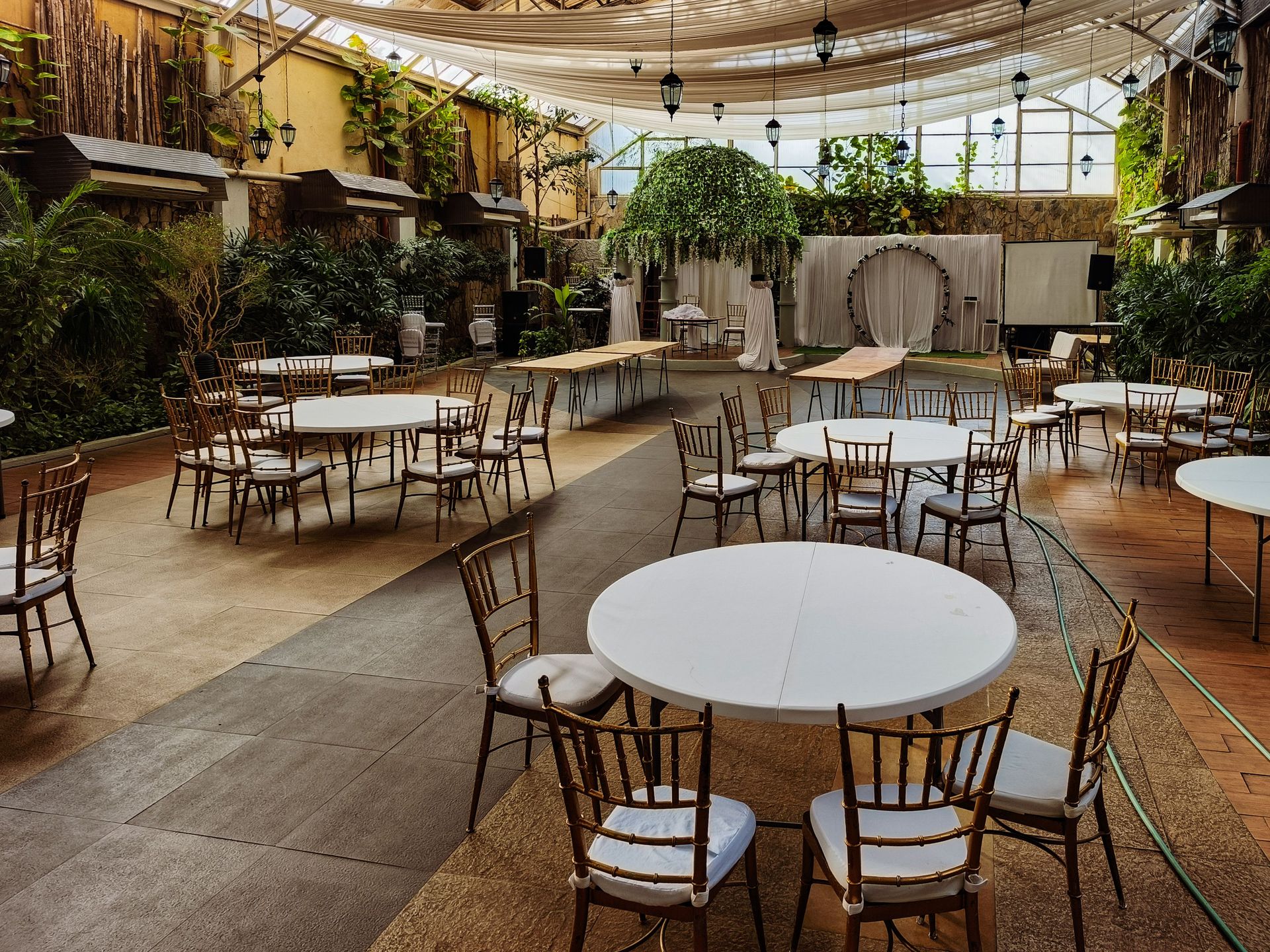 An empty wedding venue setup with round tables and chairs indoors, surrounded by plants.