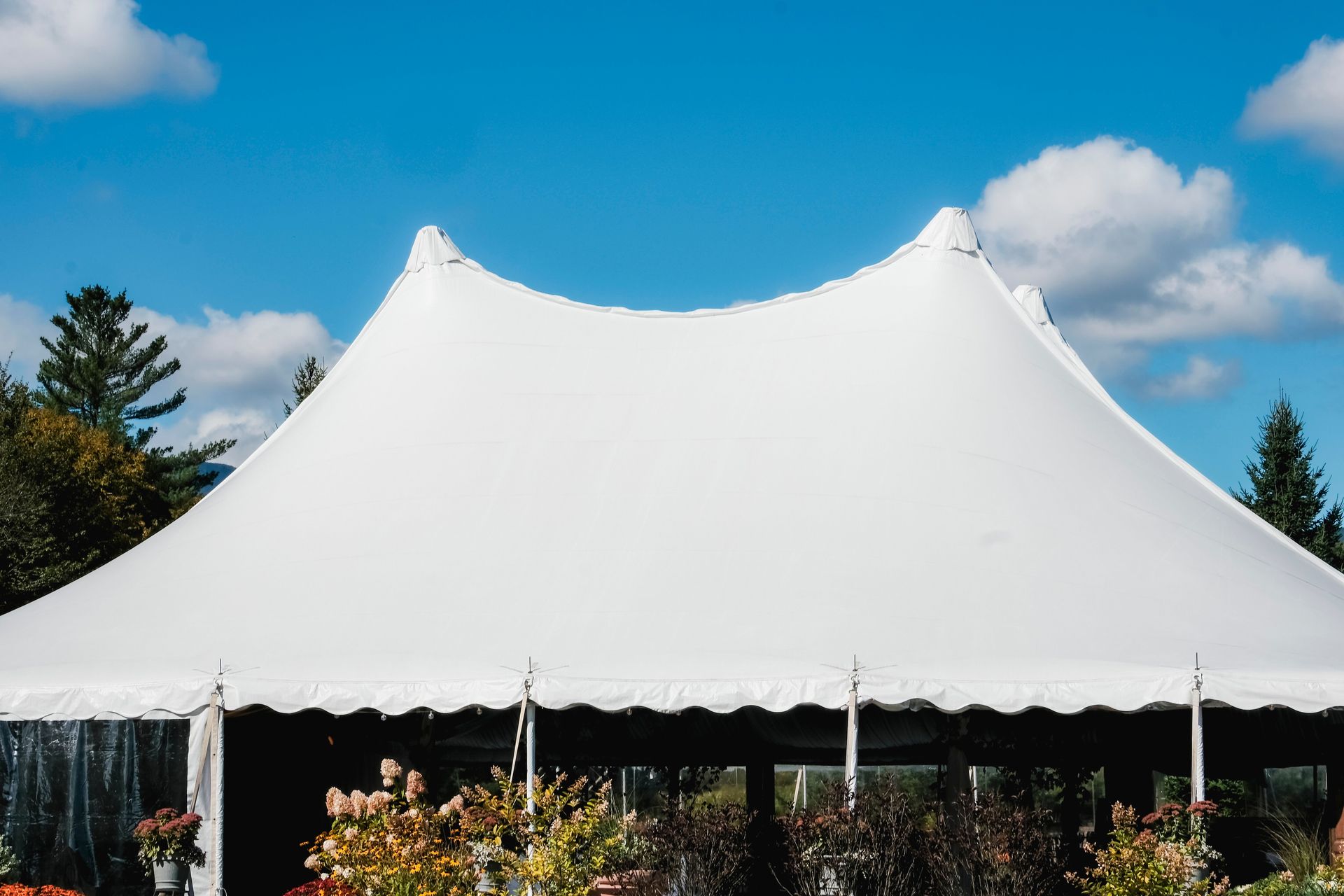 A sleek white tent set up outdoors under a vibrant blue sky with fluffy clouds.
